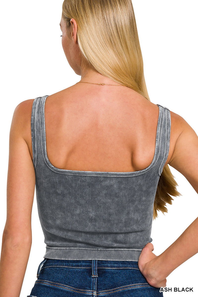 2 WAY NECKLINE WASHED RIBBED SEAMLESS TANK TOP ash black