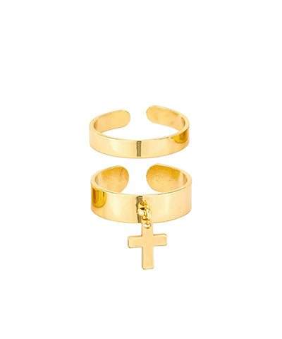 Metal Cross Charm 2 Ring Set gold