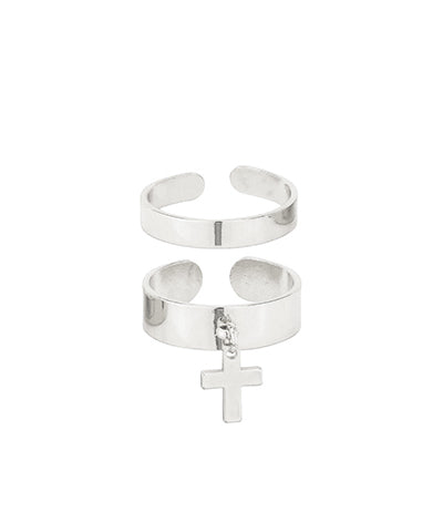 Metal Cross Charm 2 Ring Set silver