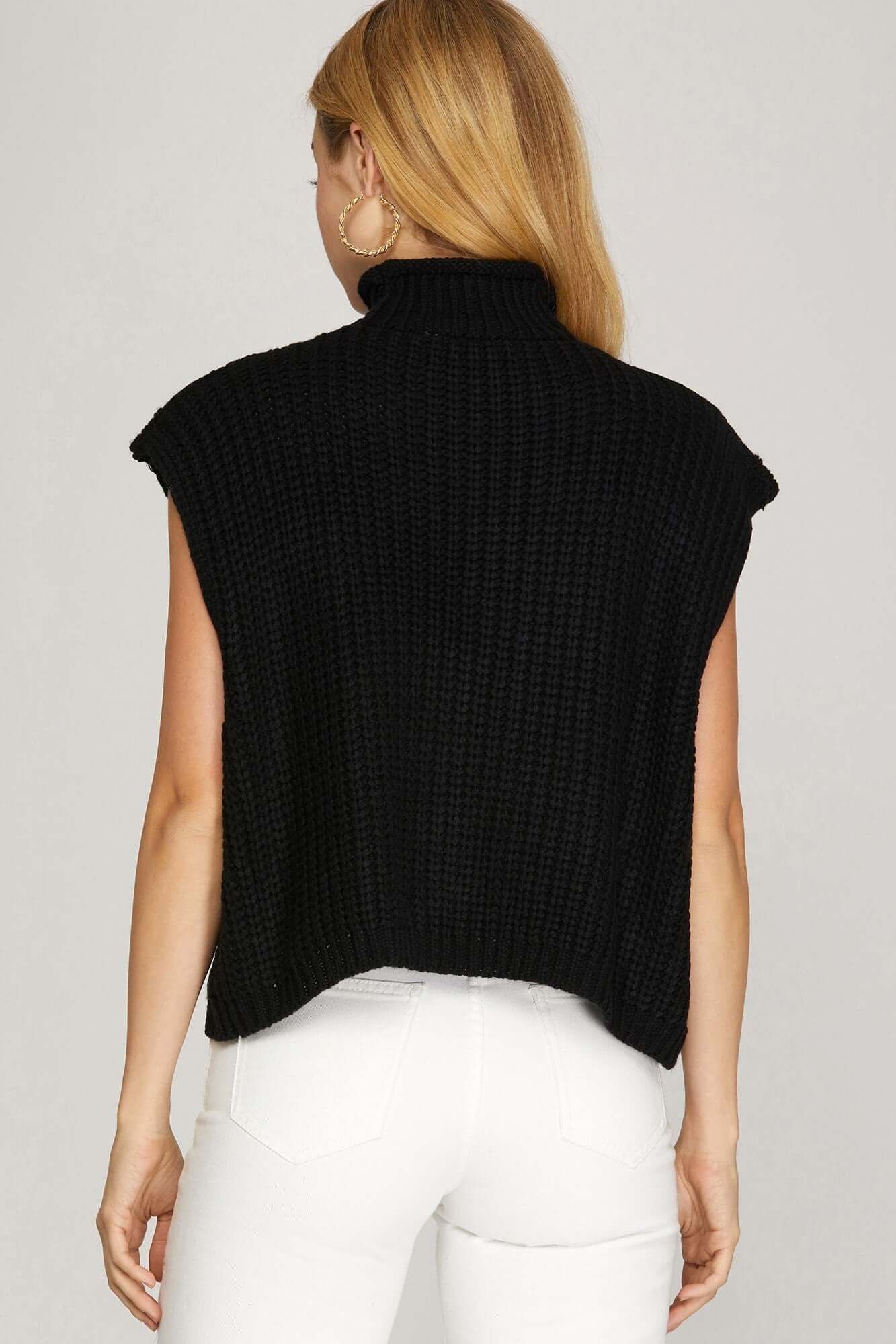 Black Drop Shoulder Sleeveless Mock Cable Sweater