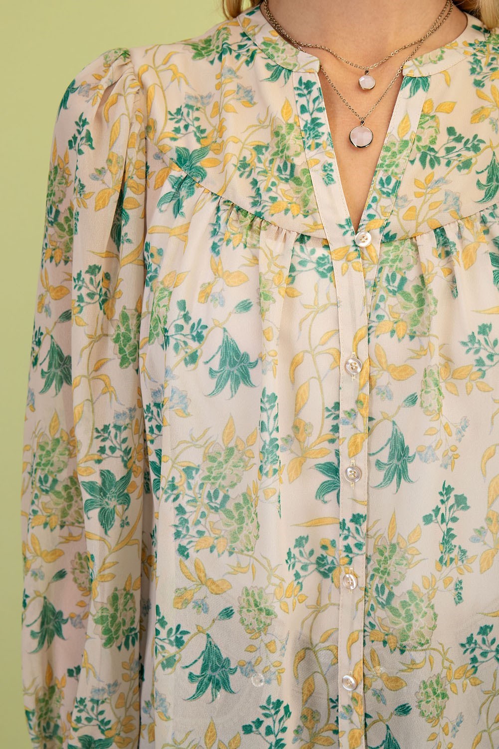 GIGIO Sheer Floral Print Button Down Blouse
