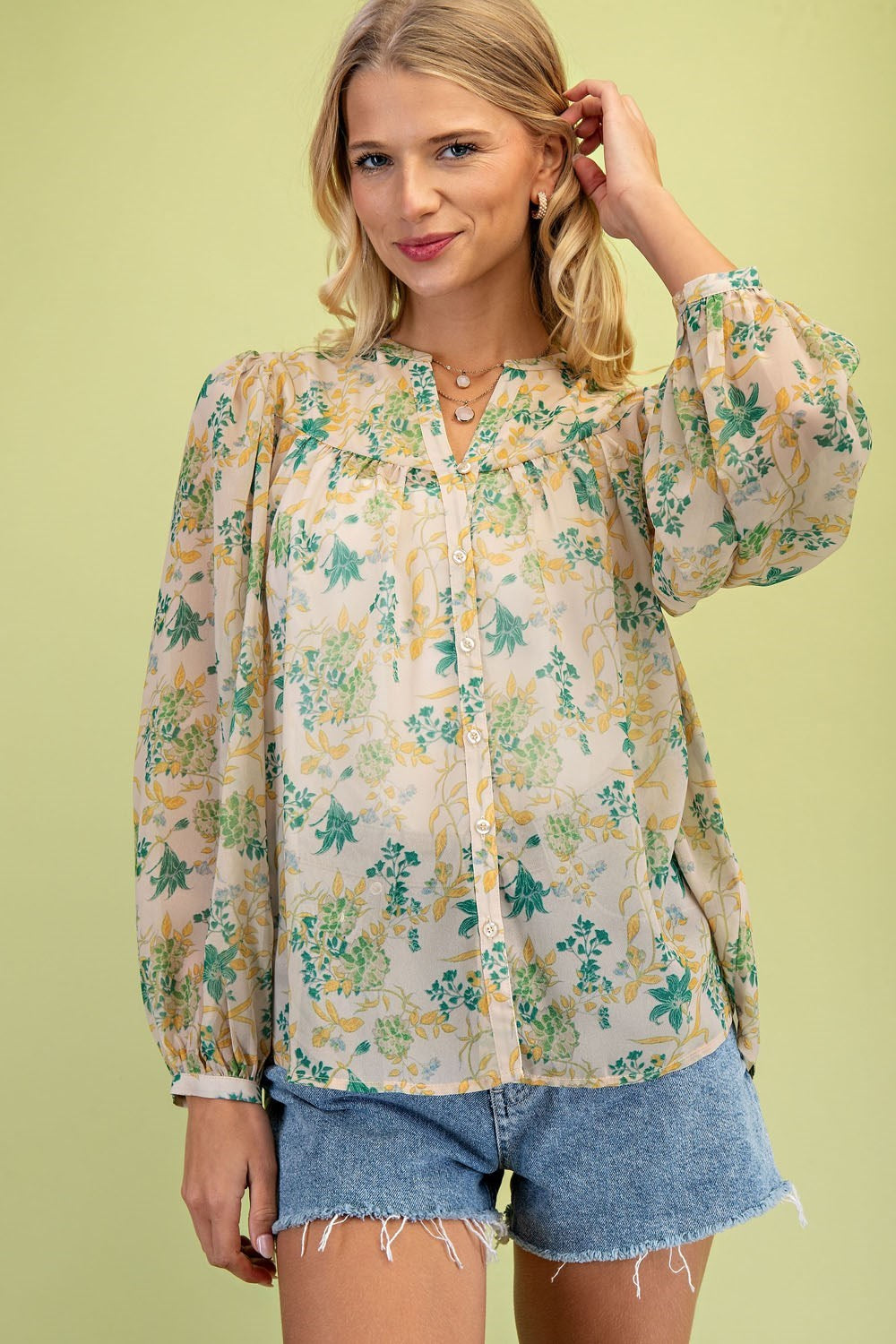 GIGIO Sheer Floral Print Button Down Blouse