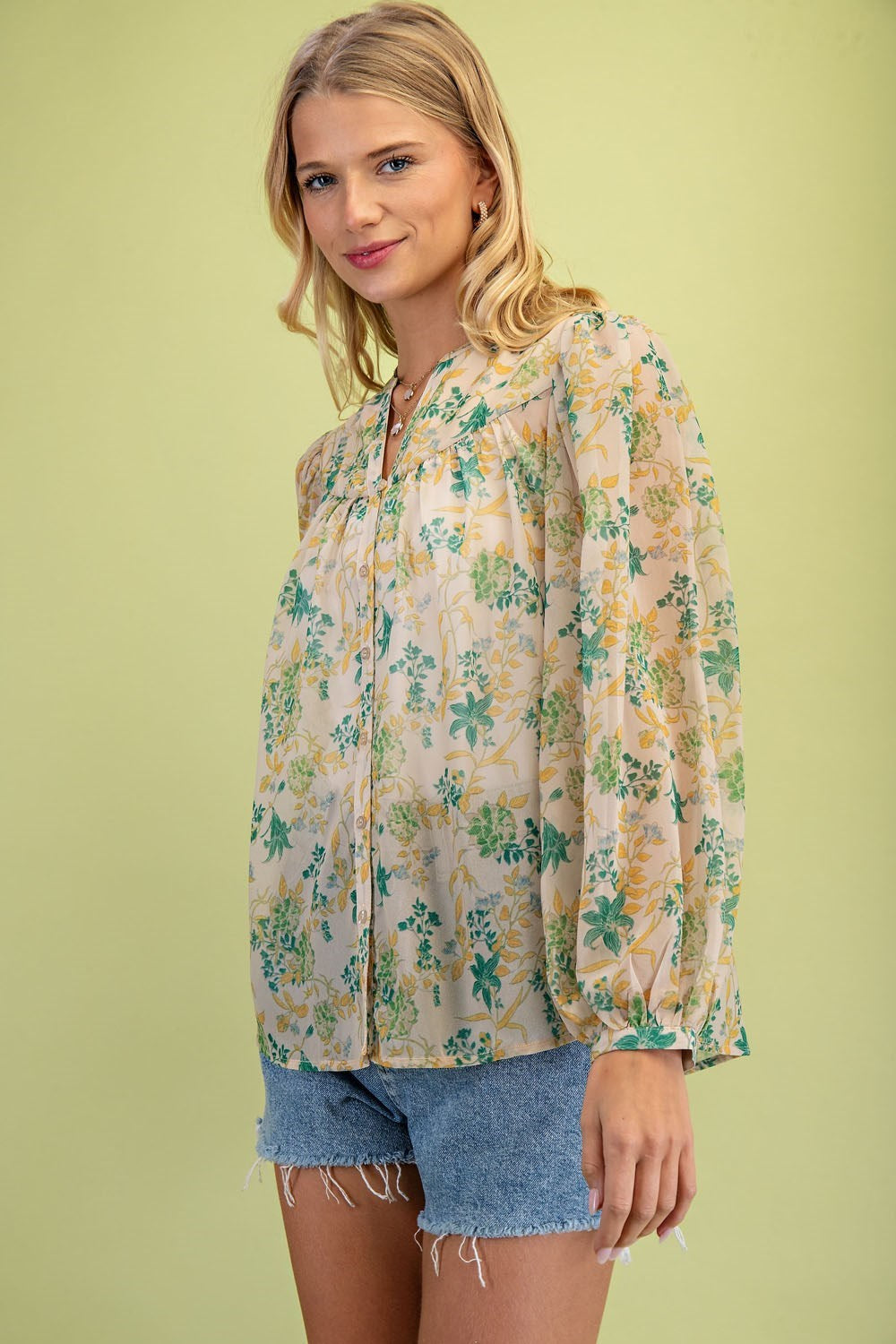 GIGIO Sheer Floral Print Button Down Blouse