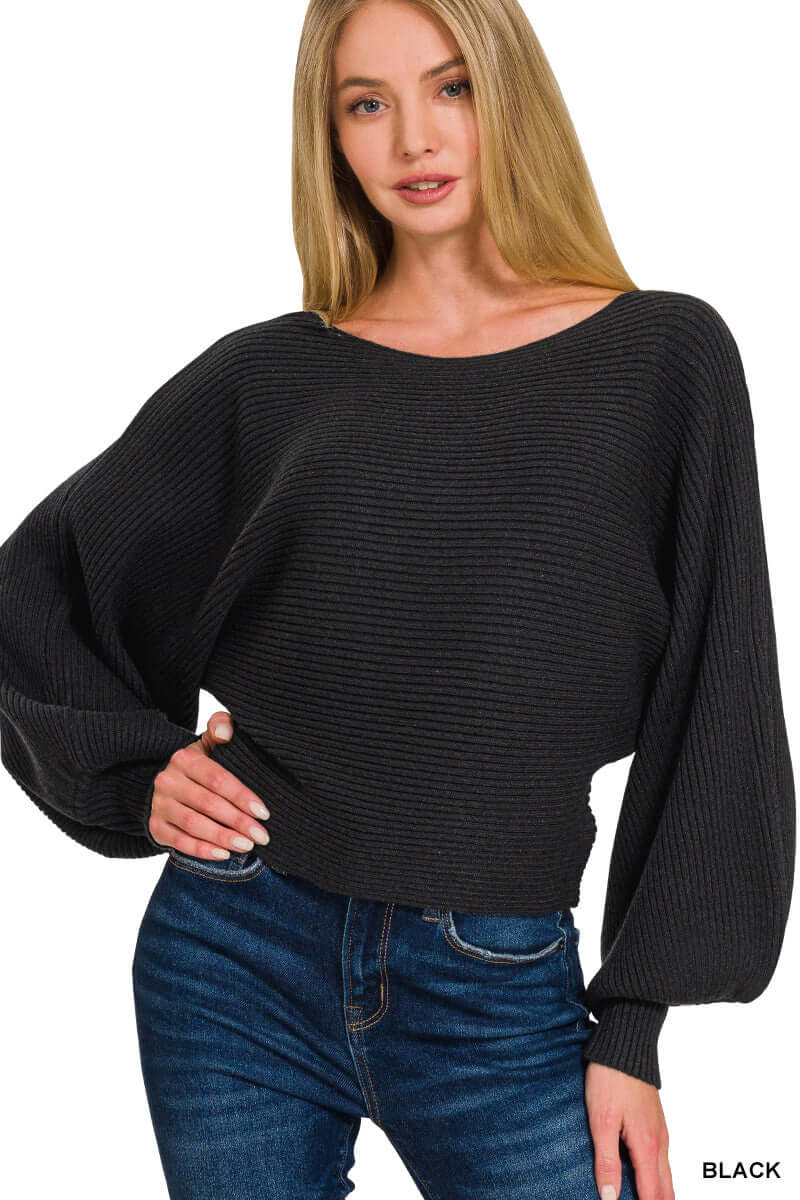 Black Boat Neck Balloon Sleeve Sweater