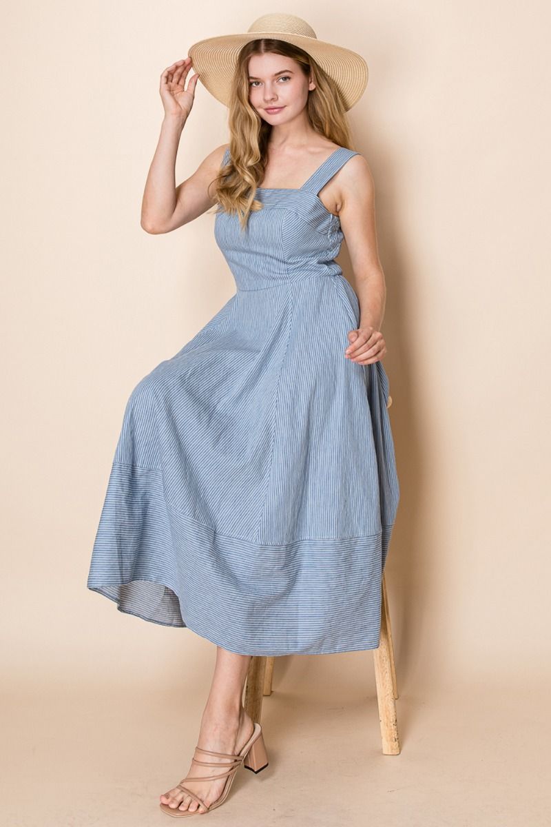 square neckline, tiered hem, and subtle pinstripe detail dress