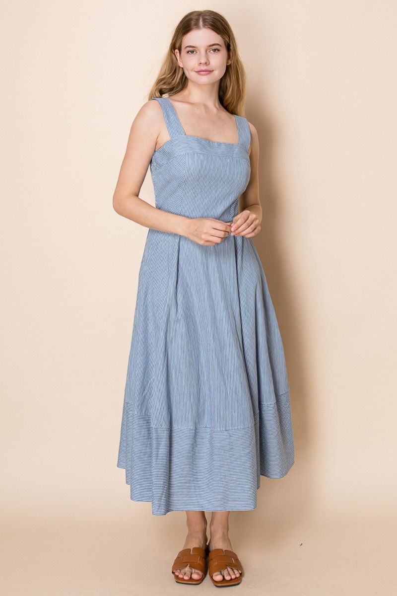 square neckline, tiered hem, and subtle pinstripe detail dress