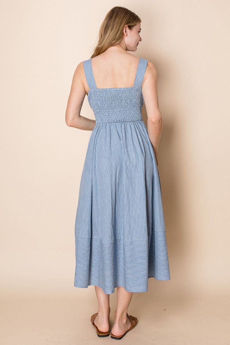 square neckline, tiered hem, and subtle pinstripe detail dress