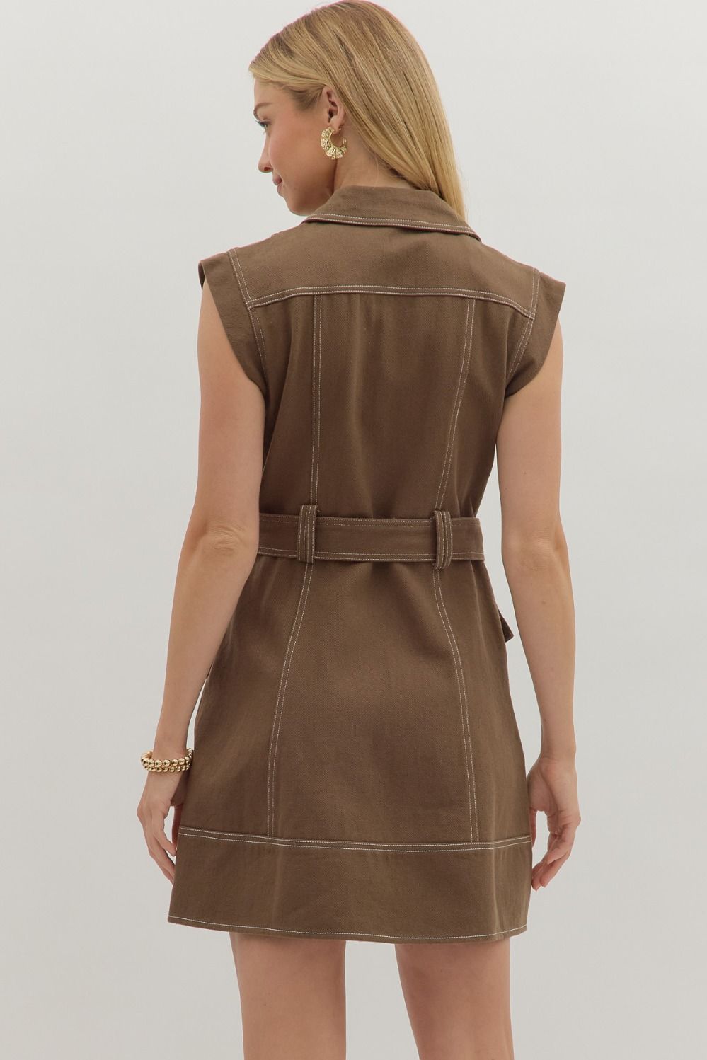 brown sleeveless mini dress with buttons down front and belt