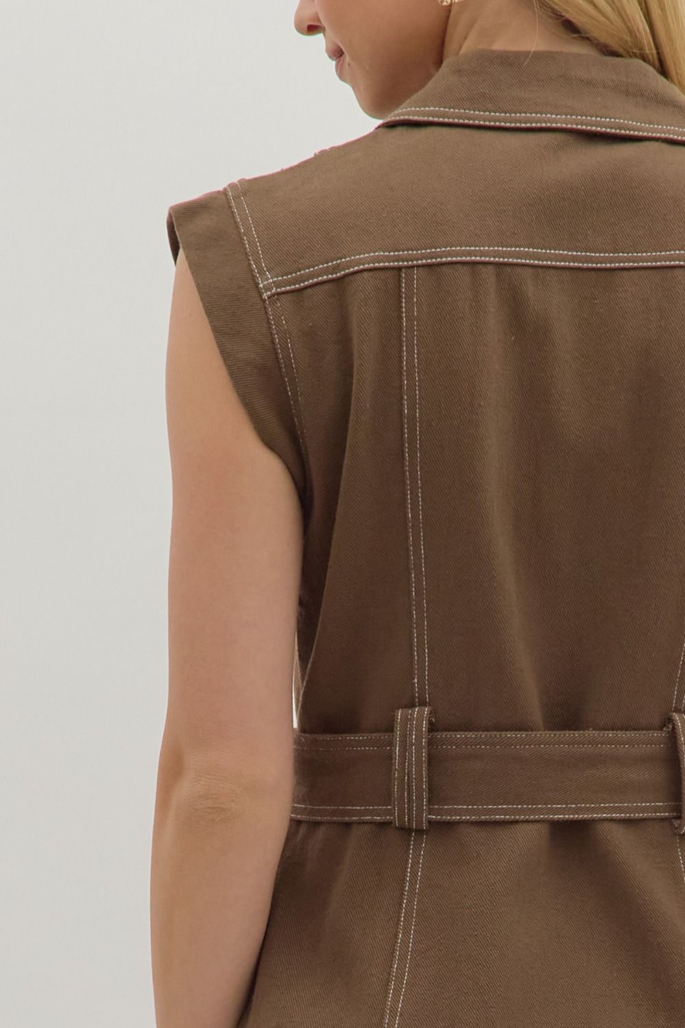 brown sleeveless mini dress with buttons down front and belt