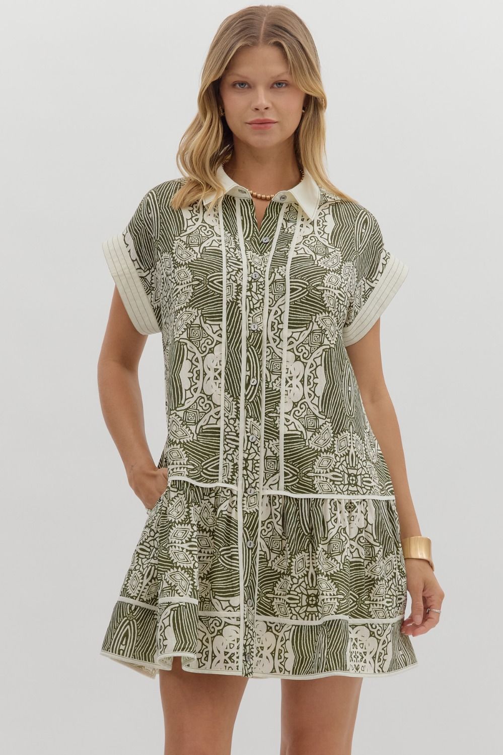 olive and cream patterned dress