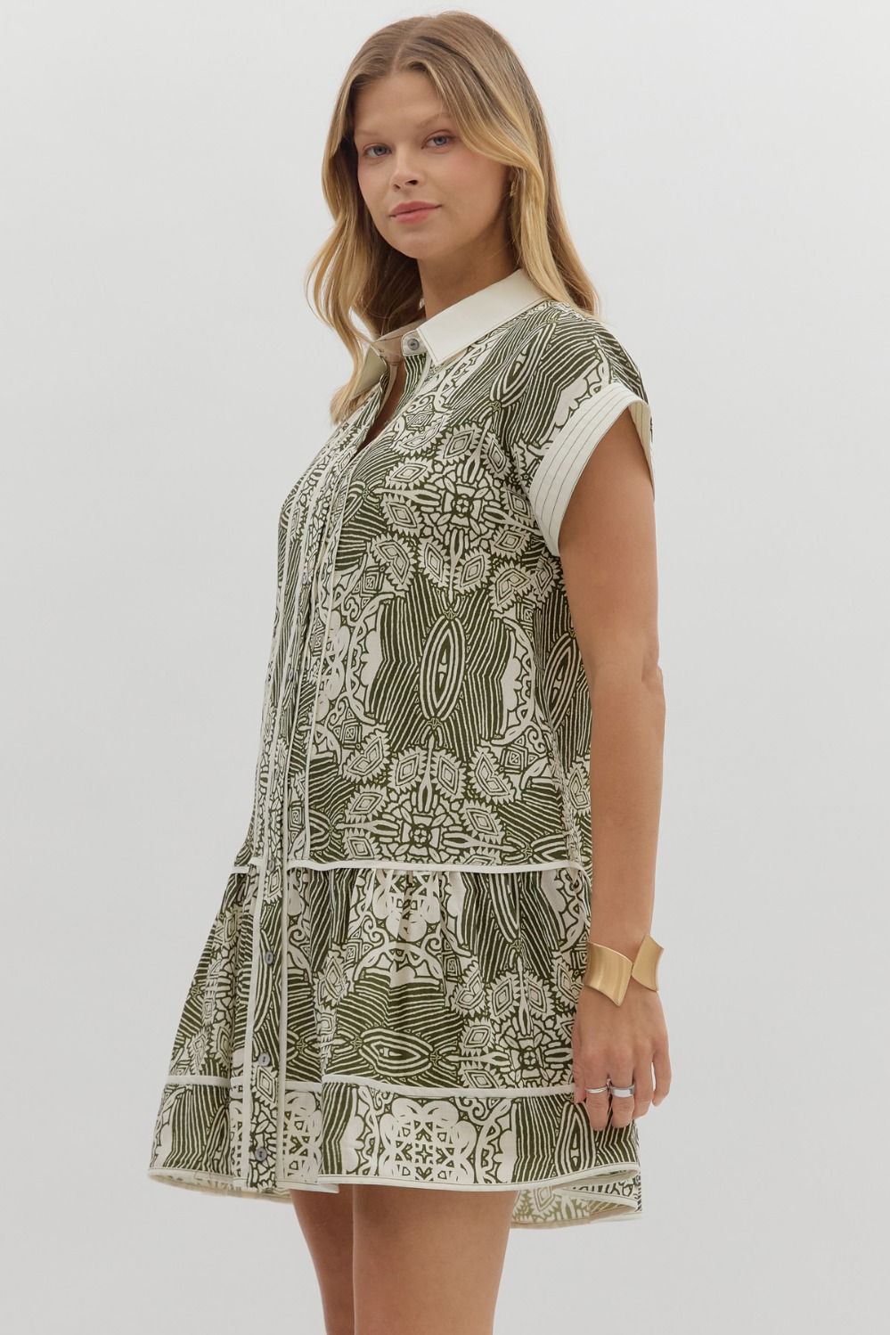 olive and cream patterned dress