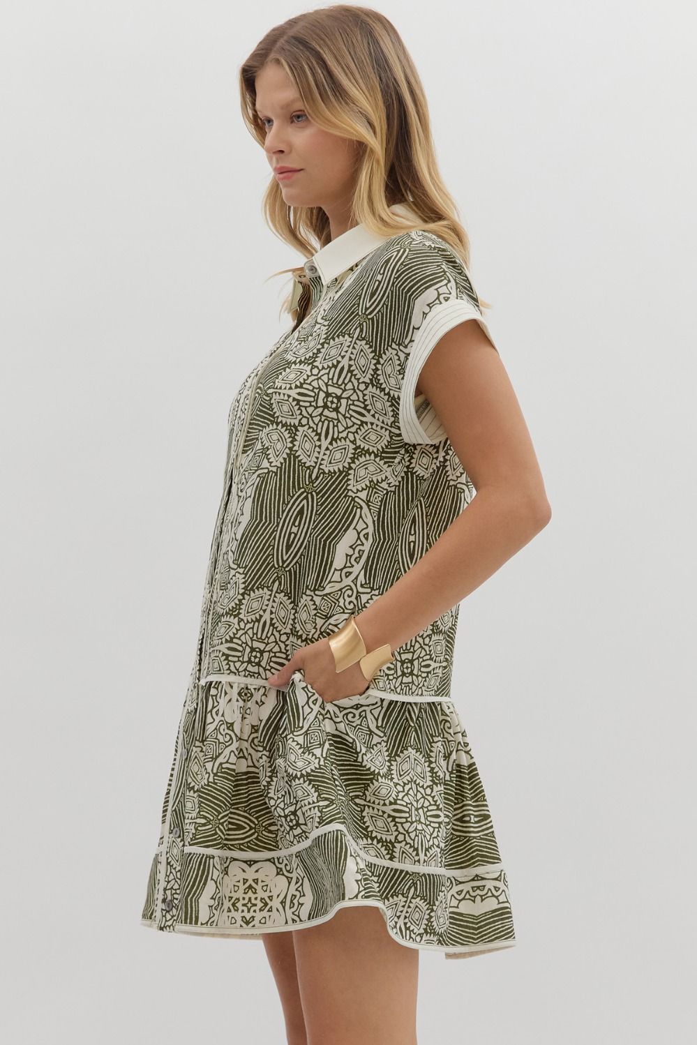 olive and cream patterned dress