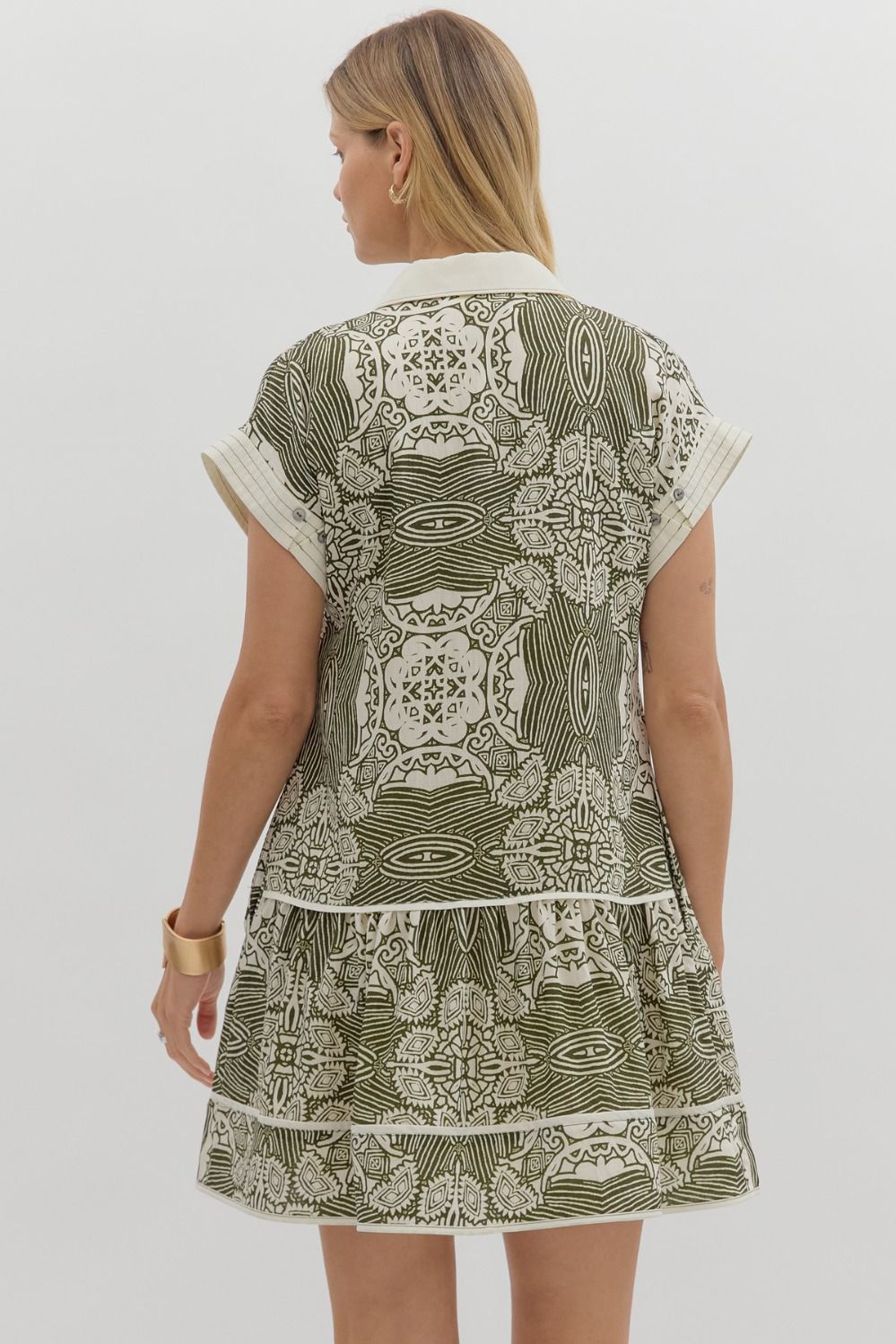 olive and cream patterned dress