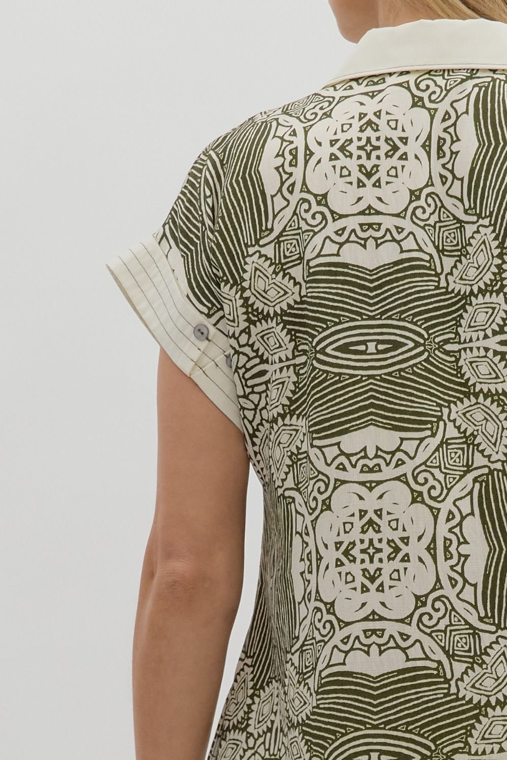olive and cream patterned dress