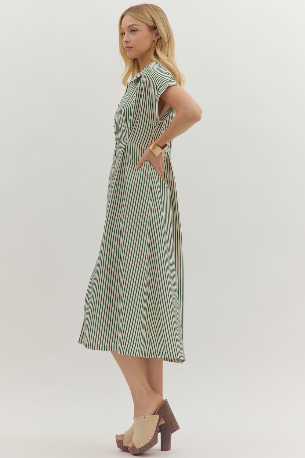 green and white striped midi dress