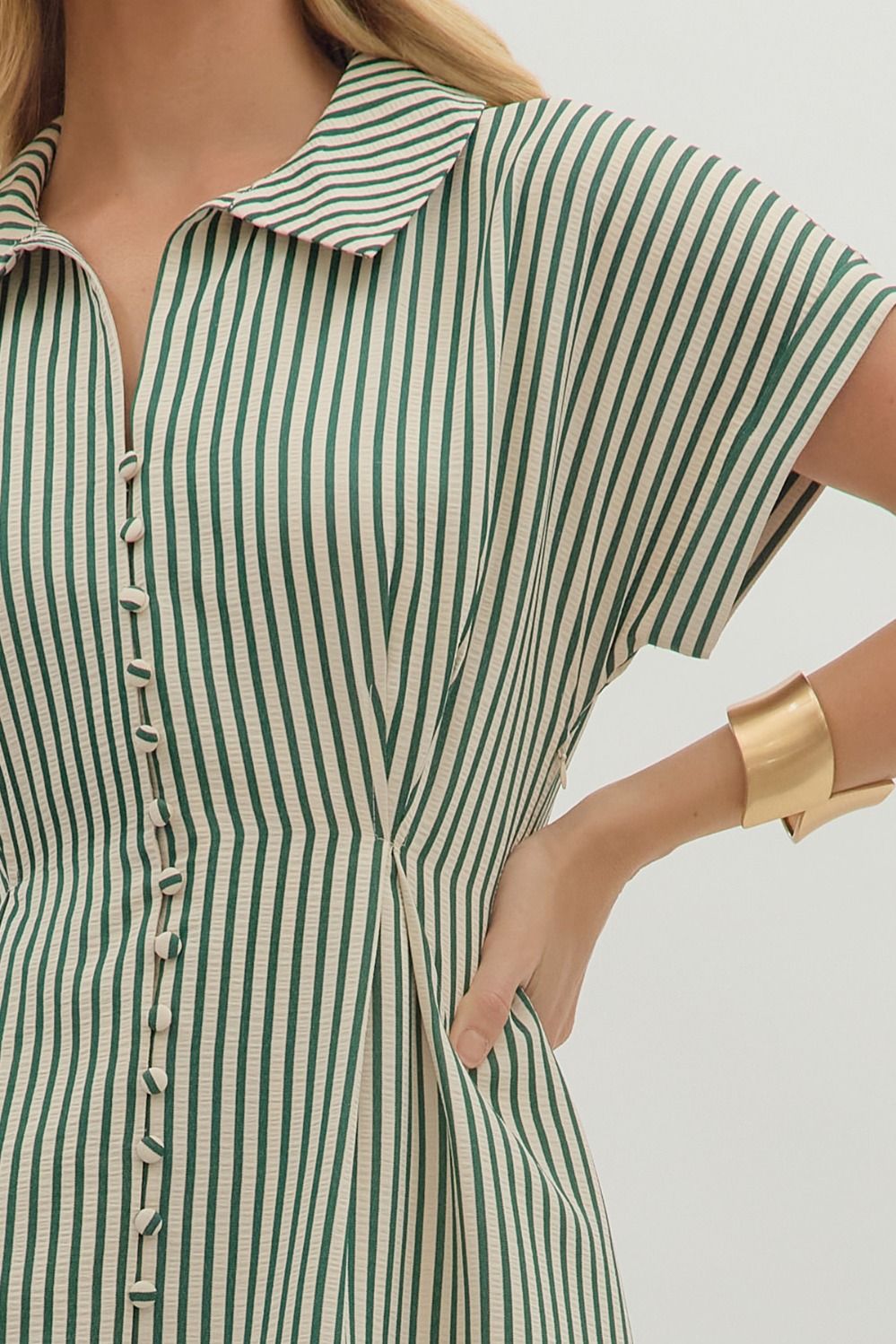 green and white striped midi dress