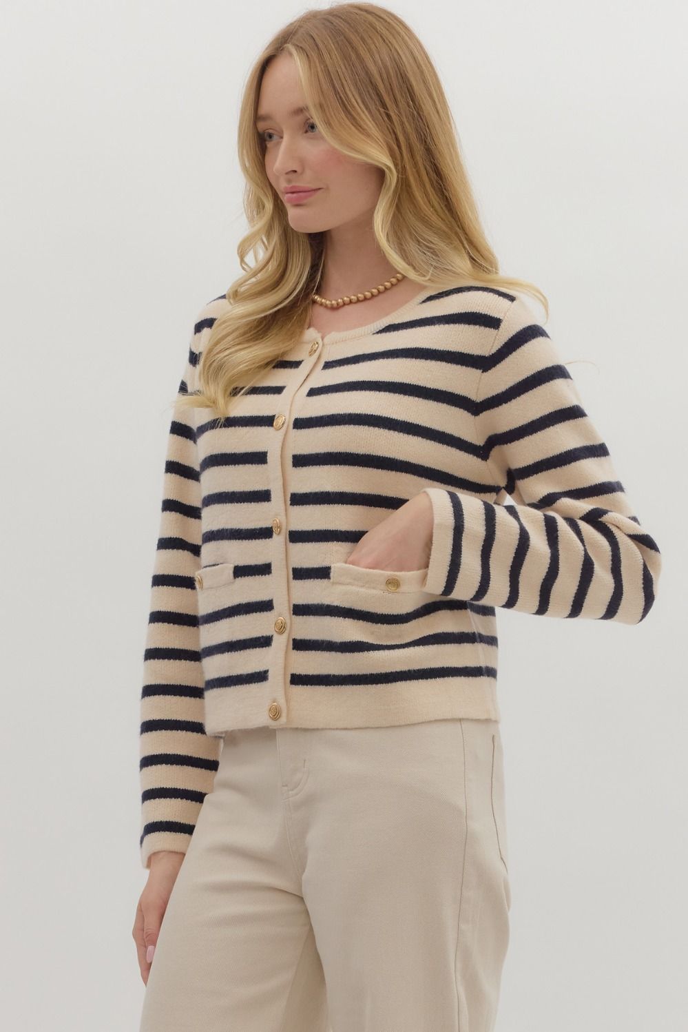 striped cardigan with gold buttons
