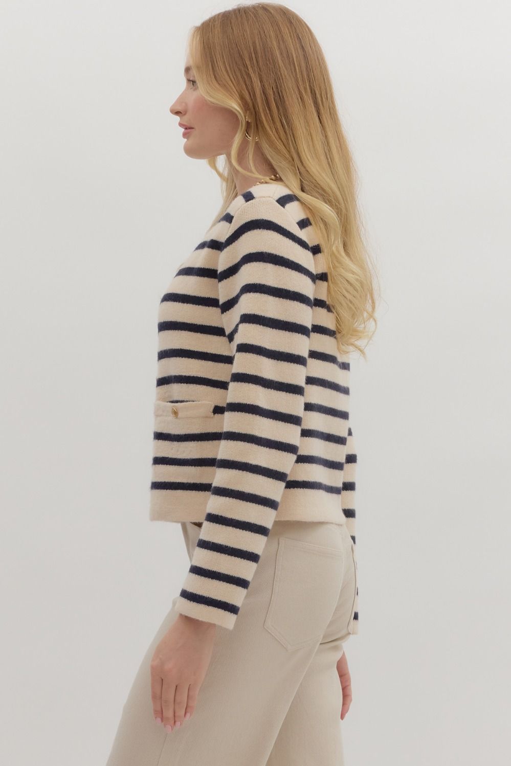 striped cardigan with gold buttons