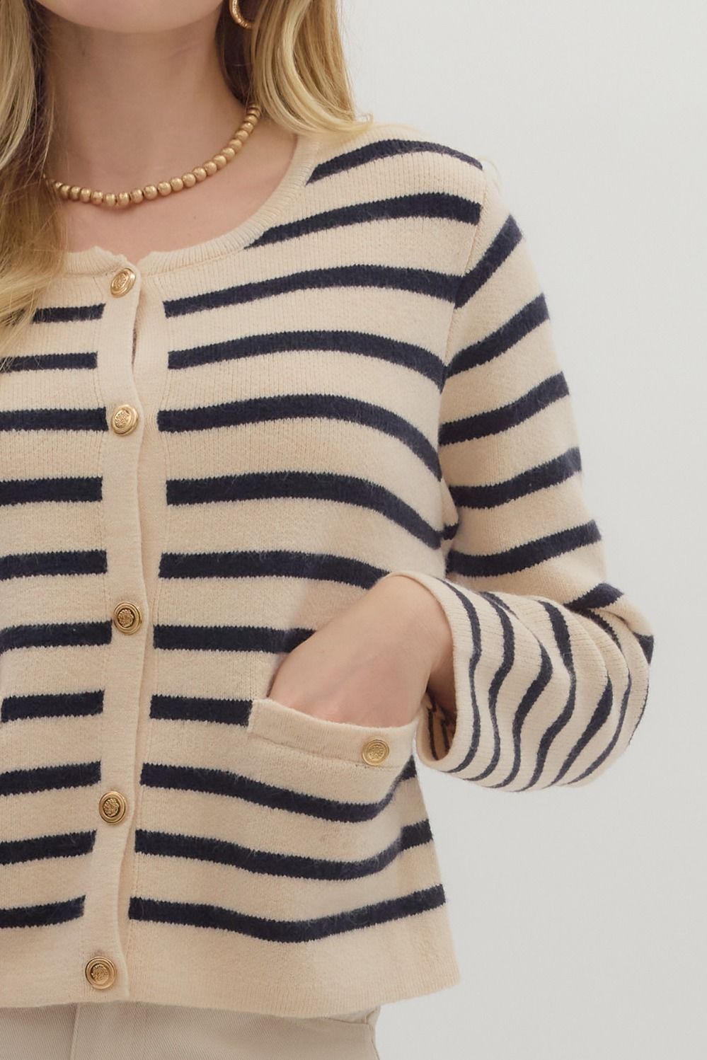 striped cardigan with gold buttons