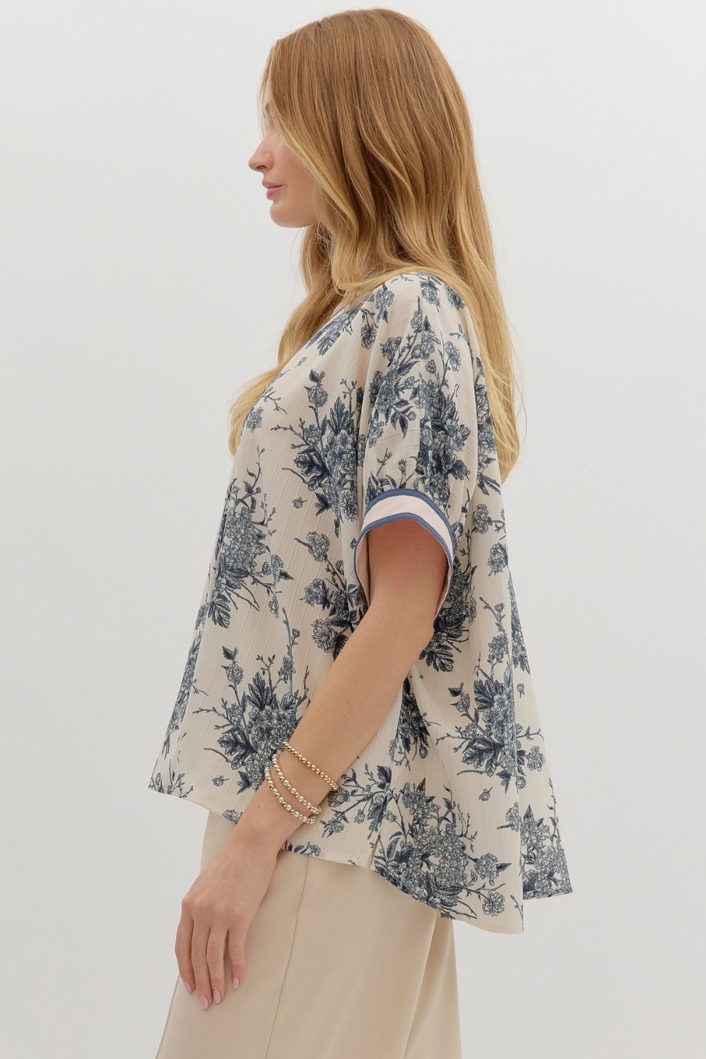 blue floral oversized pullover blouse