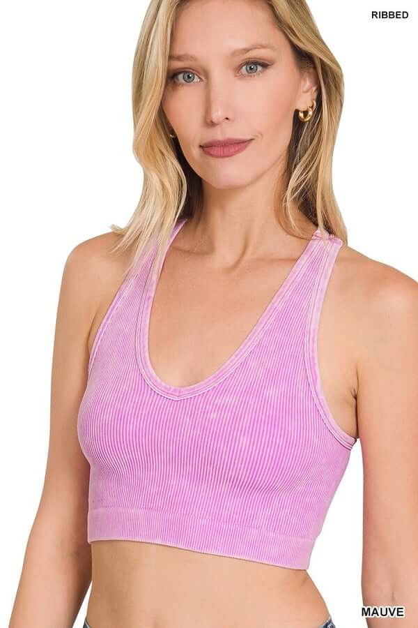 Velma Washed Ribbed V Neck Crop Tank Mauve
