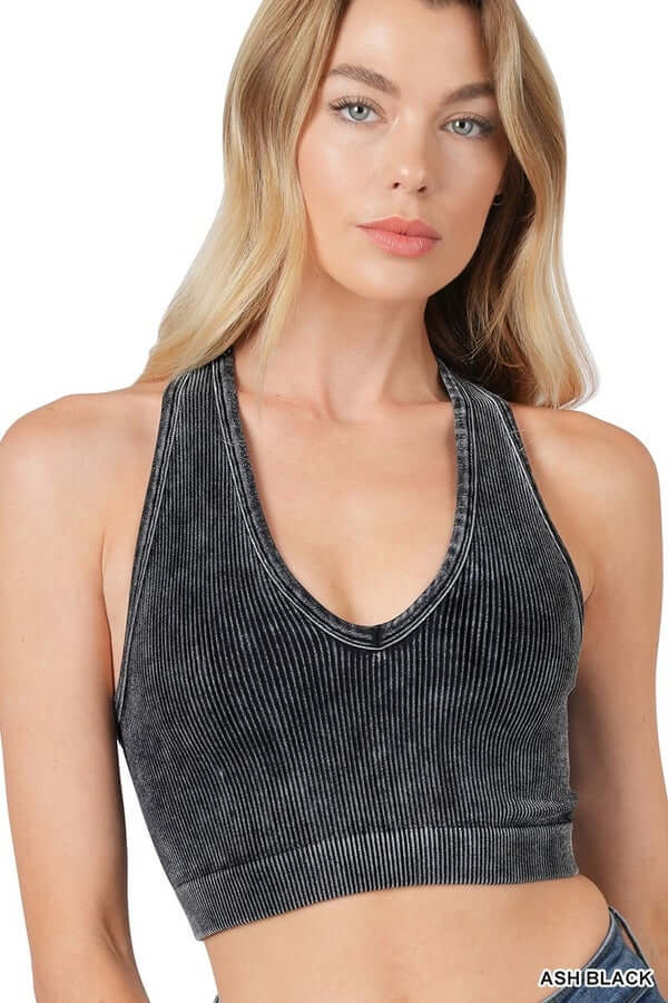Velma Washed Ribbed V Neck Crop Tank Ash Black