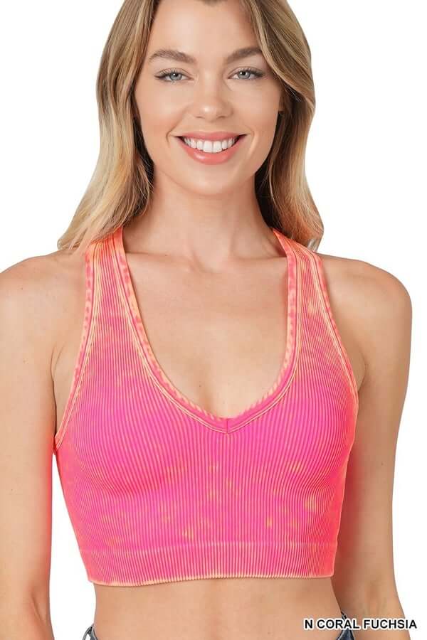 Velma Washed Ribbed V Neck Crop Tank Coral Fuchsia