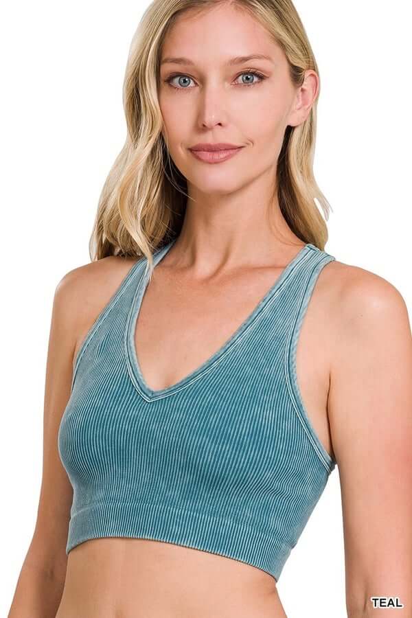Velma Washed Ribbed V Neck Crop Tank Teal