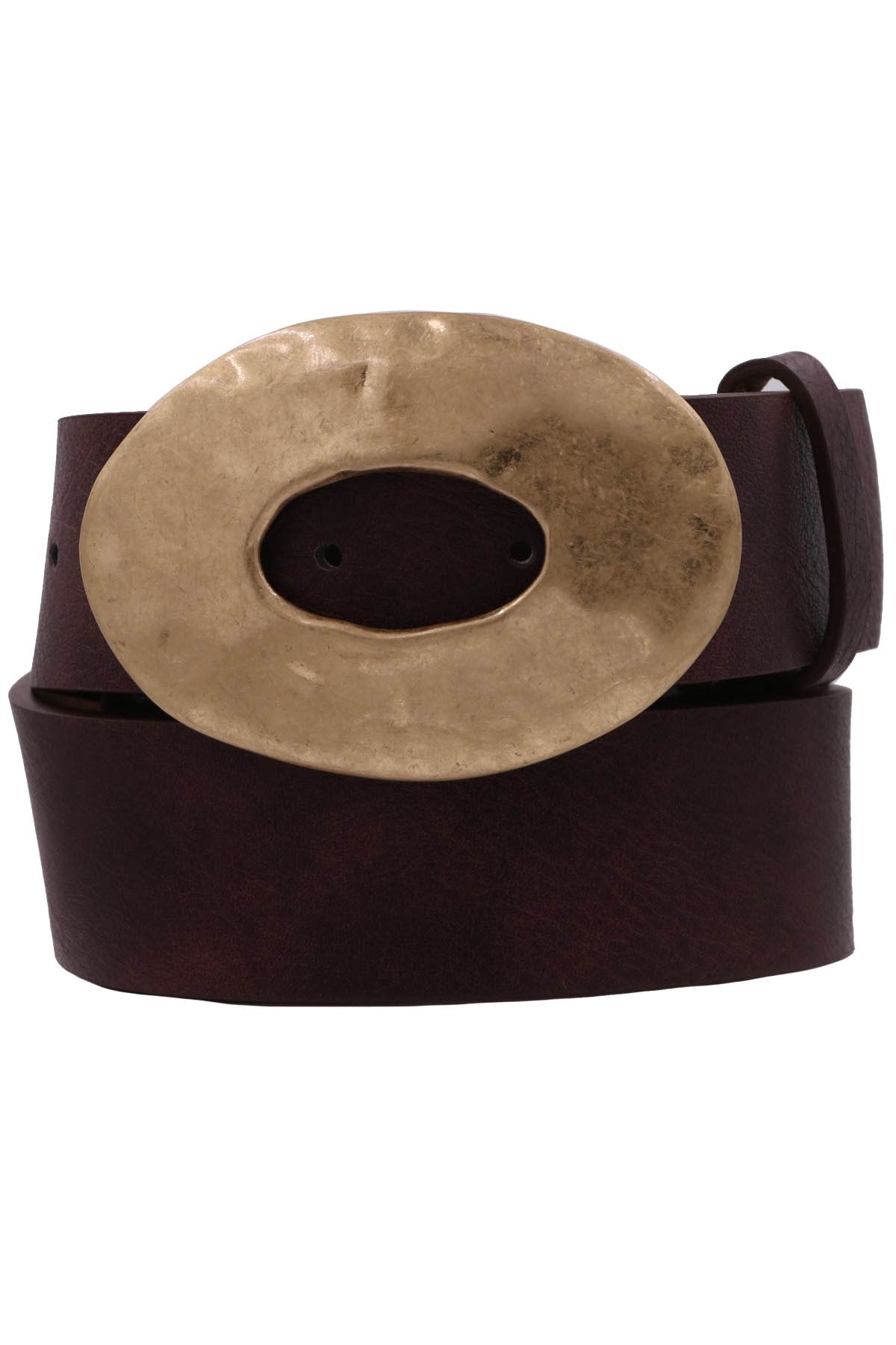 Brown belt with gold oval buckle