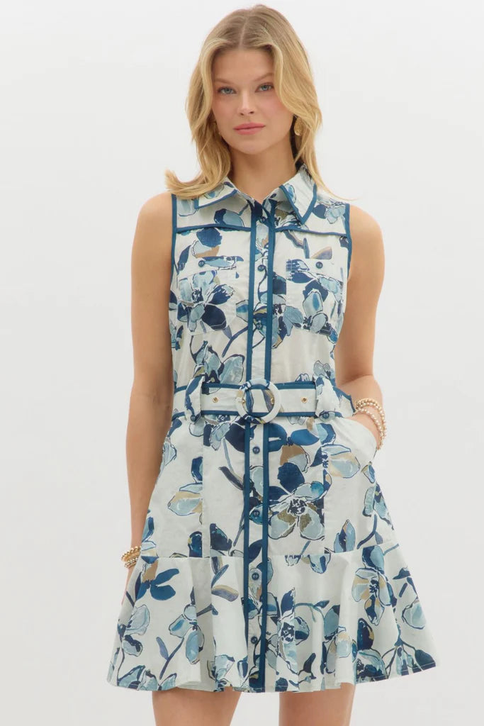 blue floral print sleeveless dress with belt