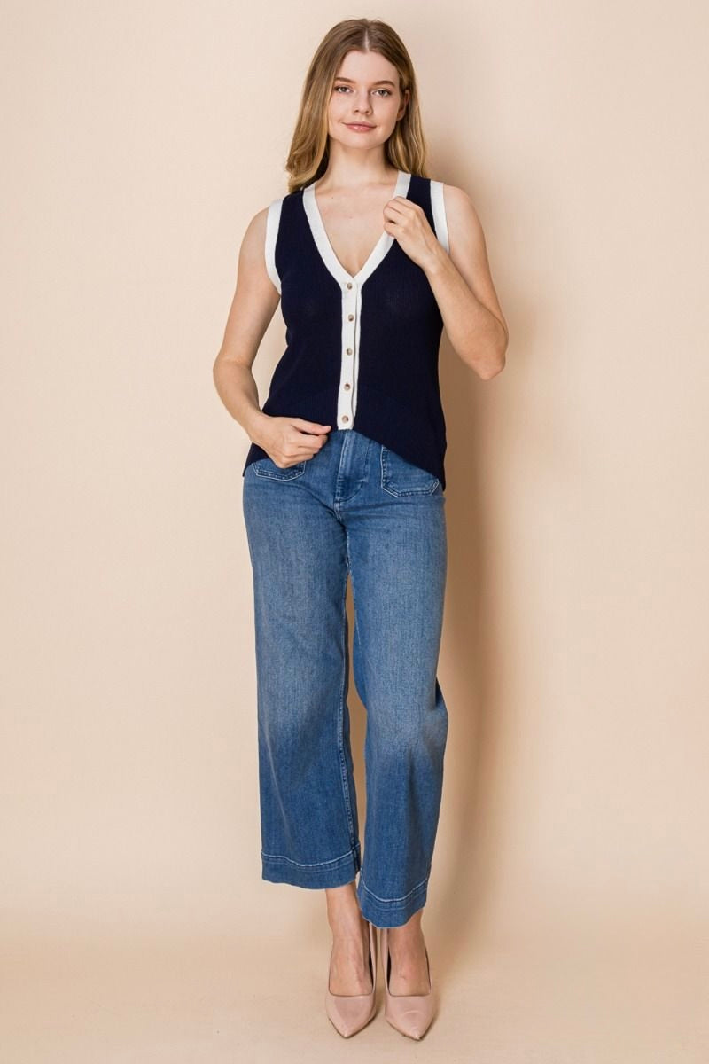 Navy vest with white trim