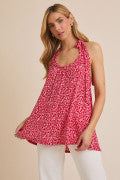 vibrant red and white abstract print halter top