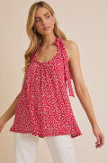 vibrant red and white abstract print halter top