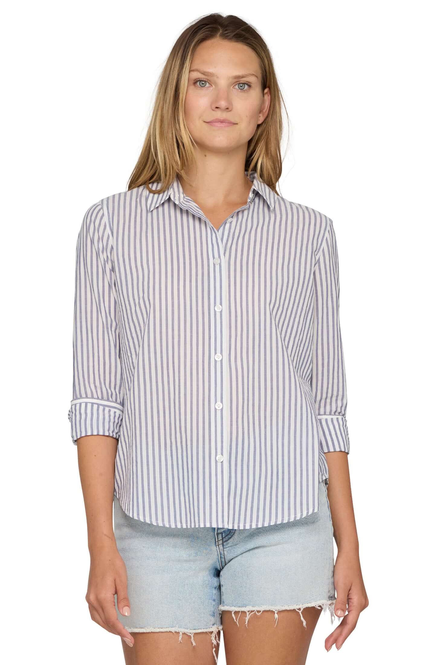 Crane Striped Woven Shirt Navy