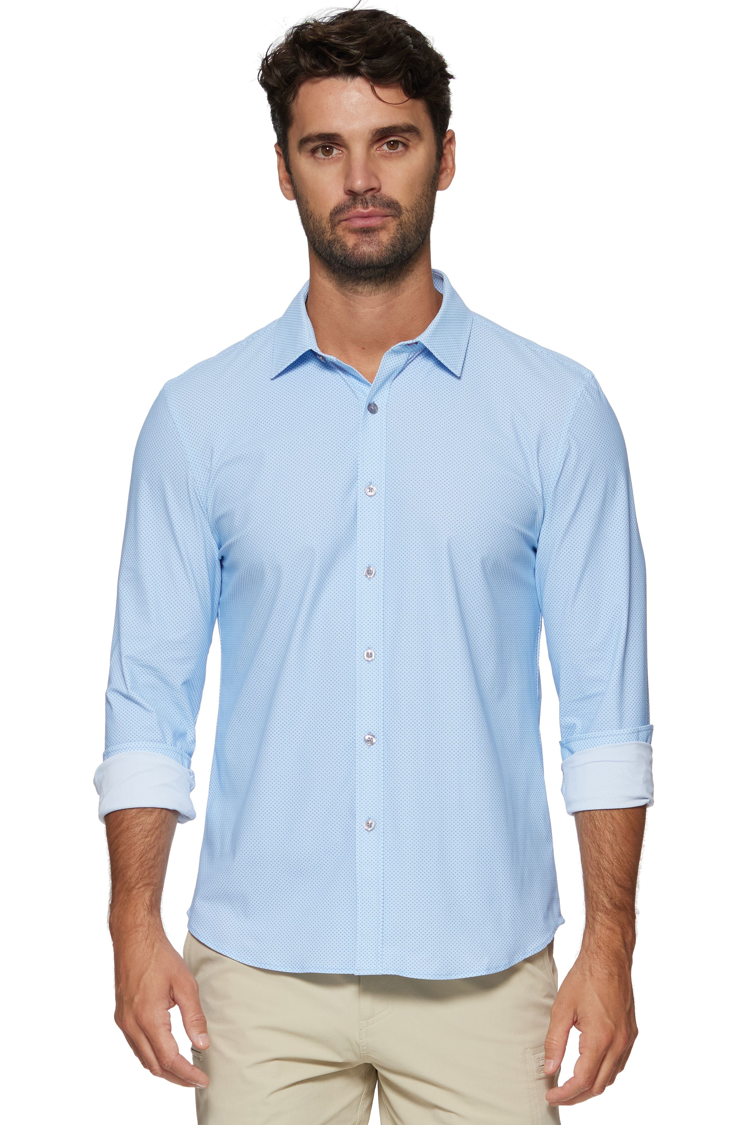 light blue longsleeve button up with subtle dot detail