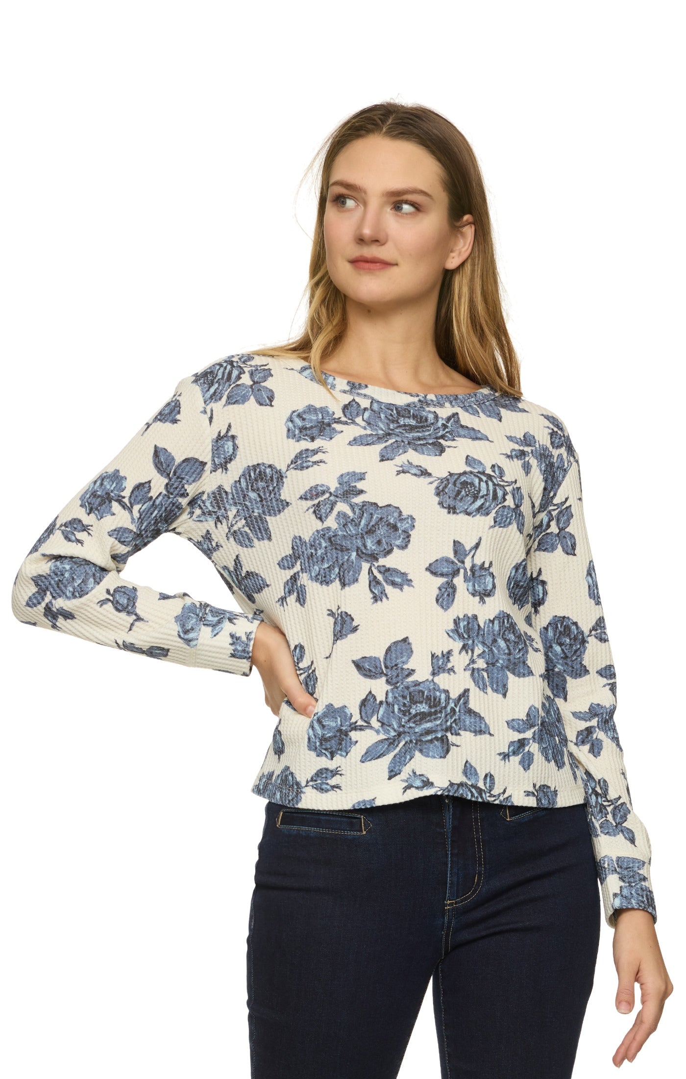 cream longsleeve waffle knit top with blue rose pattern