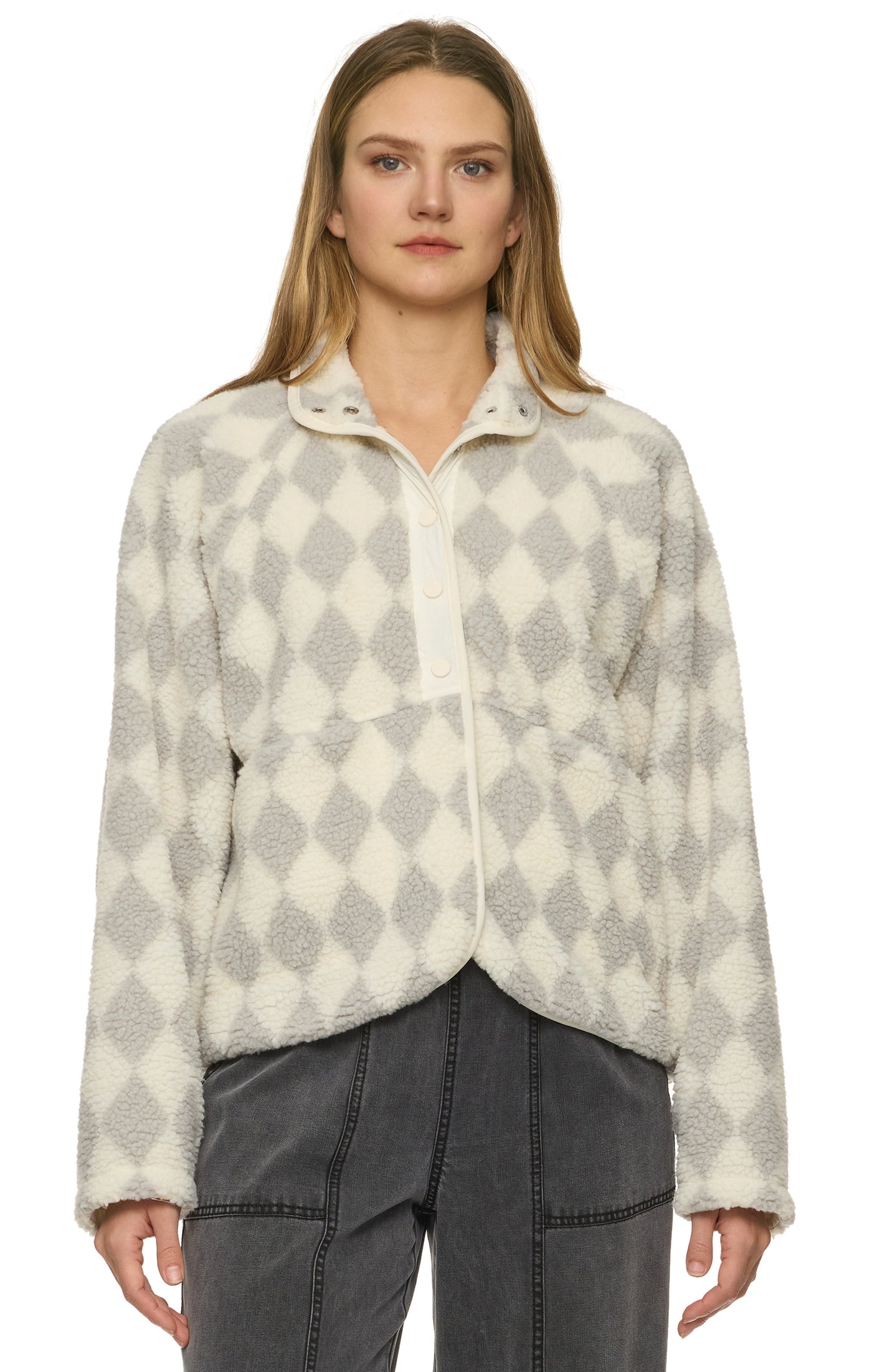 checkered grey and white sherpa button up pullover
