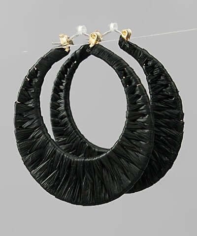 Raffia Wrapped Crescent Hoops Black