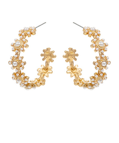 Casting Metal &amp; Pearl Flower Open Hoops
