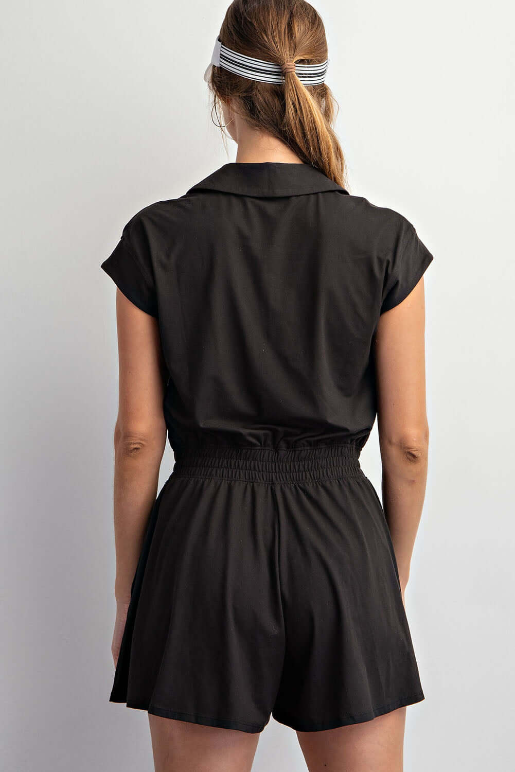 BLACK BUTTER SOFT SHORT SLEEVE QUARTER ZIP ROMPER
