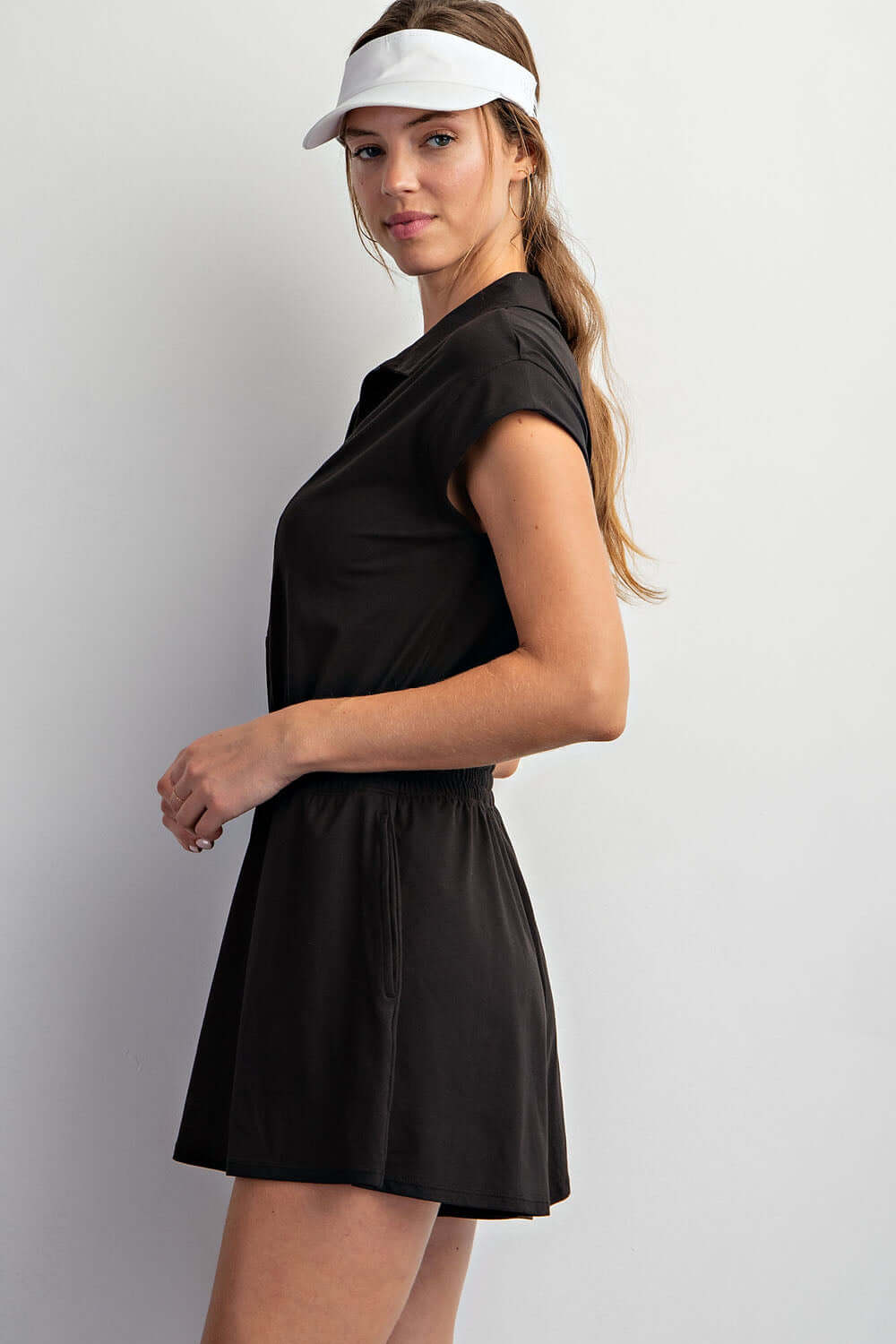 BLACK BUTTER SOFT SHORT SLEEVE QUARTER ZIP ROMPER