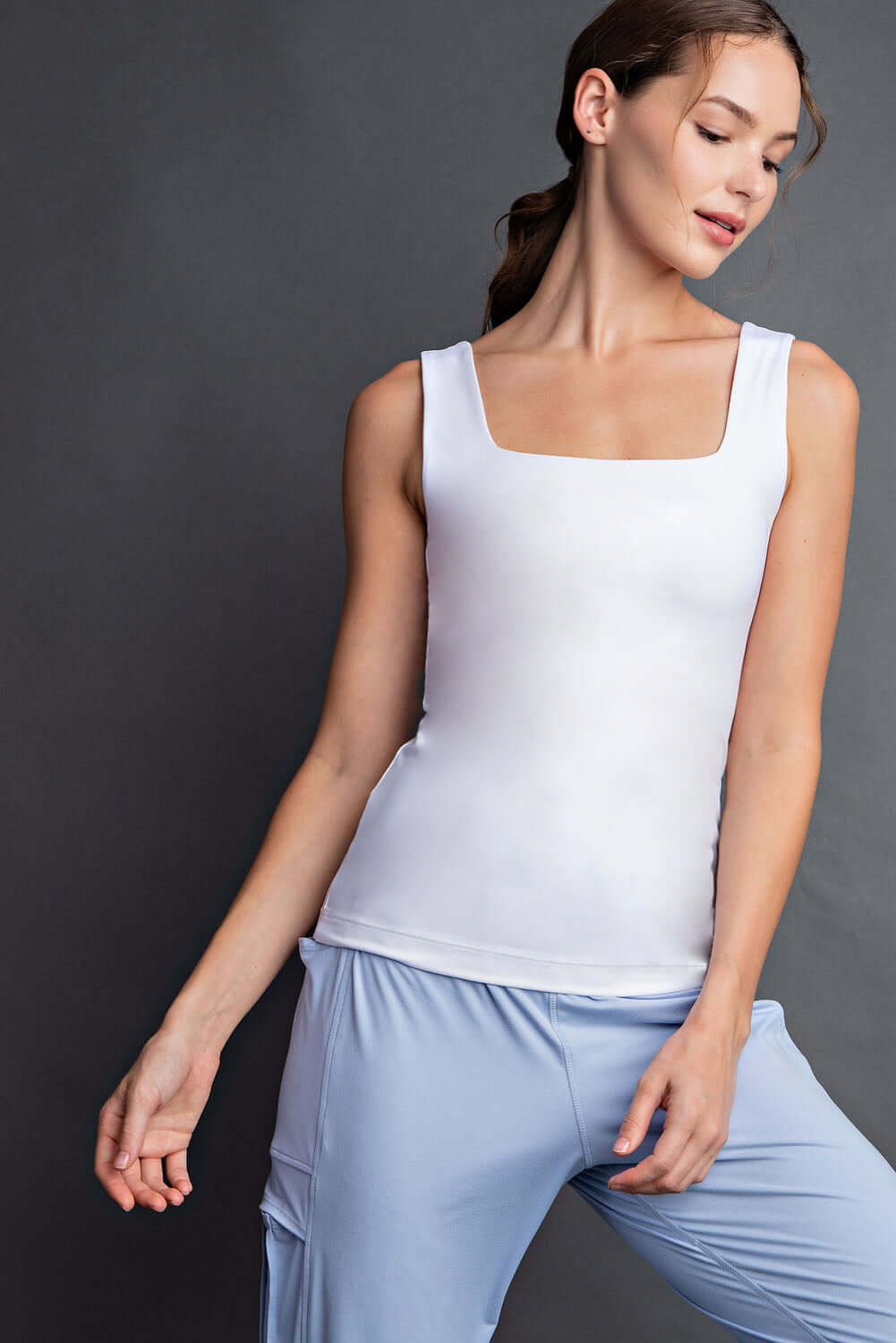 BUTTER SOFT FABRIC SQUARE NECKLINE SLEEVELESS TANK WHITE