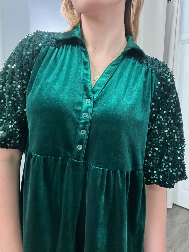 Hunter Green Velvet Dress With Sequined Puff Sleeves 