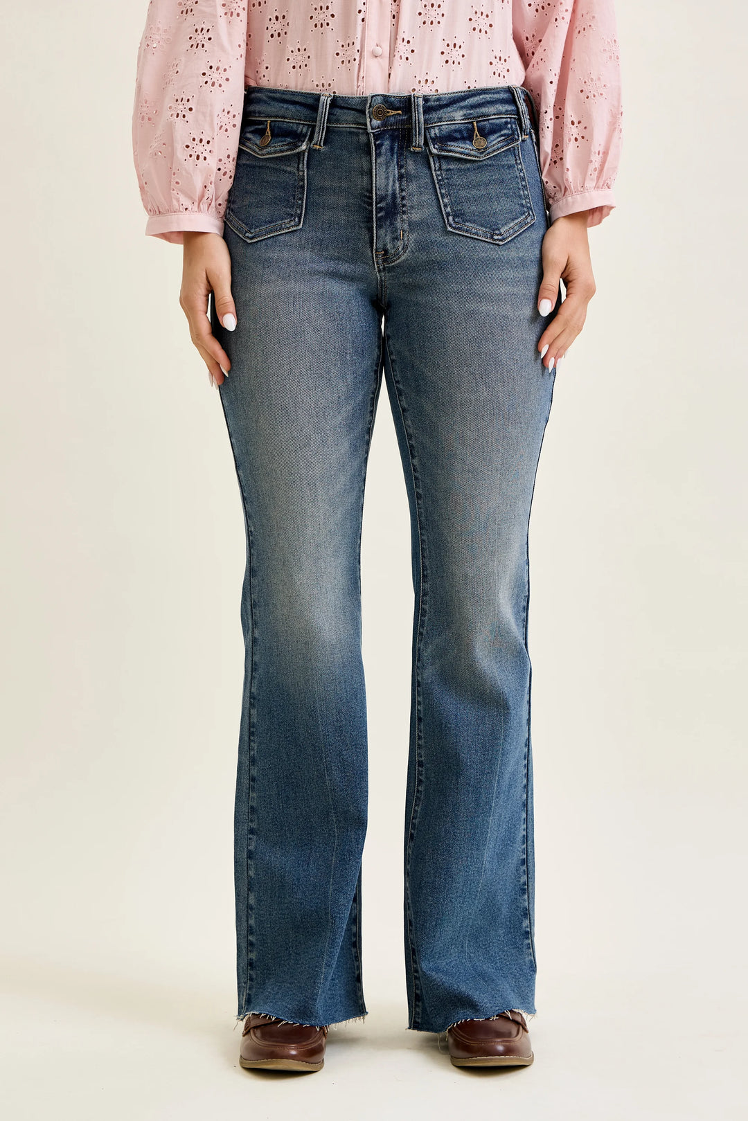 Judy Blue Mid Rise Flare with Front Flap Pockets