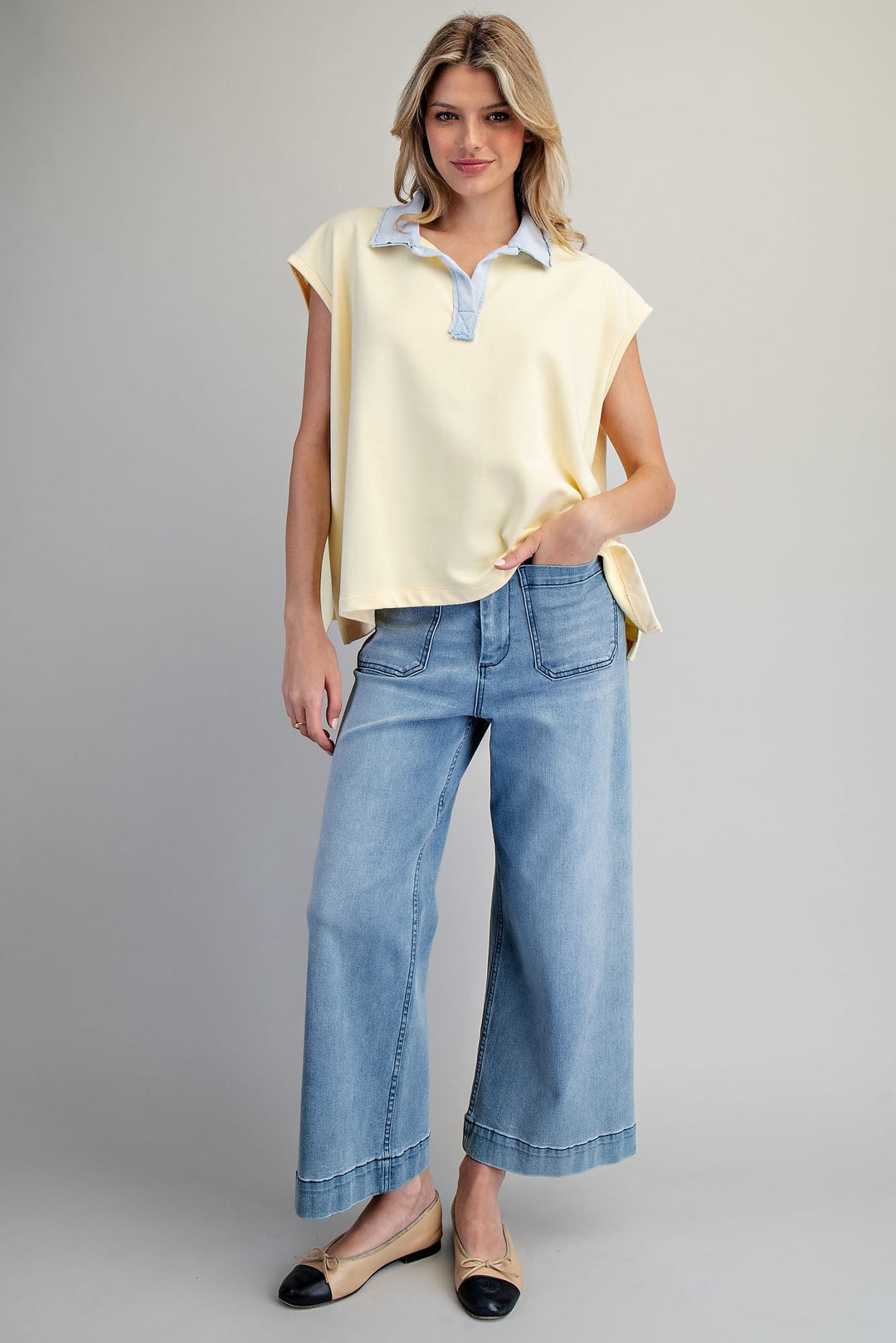 Contrast Collar Cap Sleeve Top