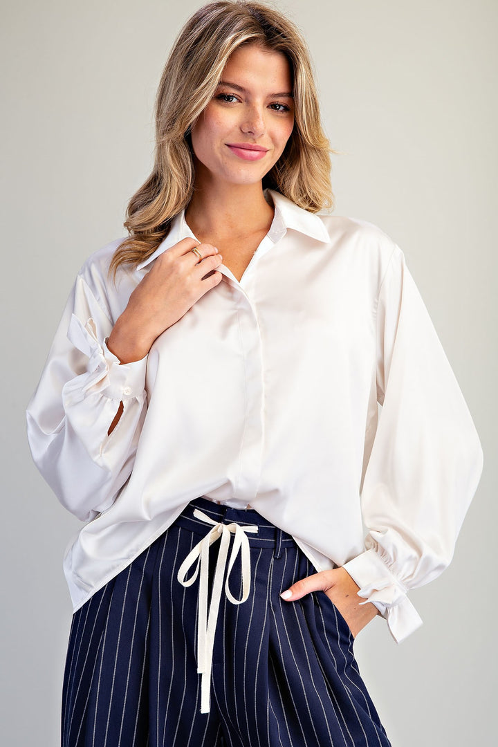 Ribbon Cuff Button Down Blouse