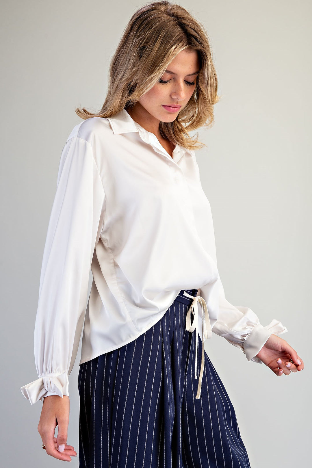 Ribbon Cuff Button Down Blouse