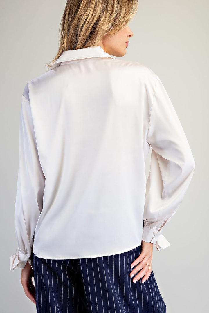 Ribbon Cuff Button Down Blouse