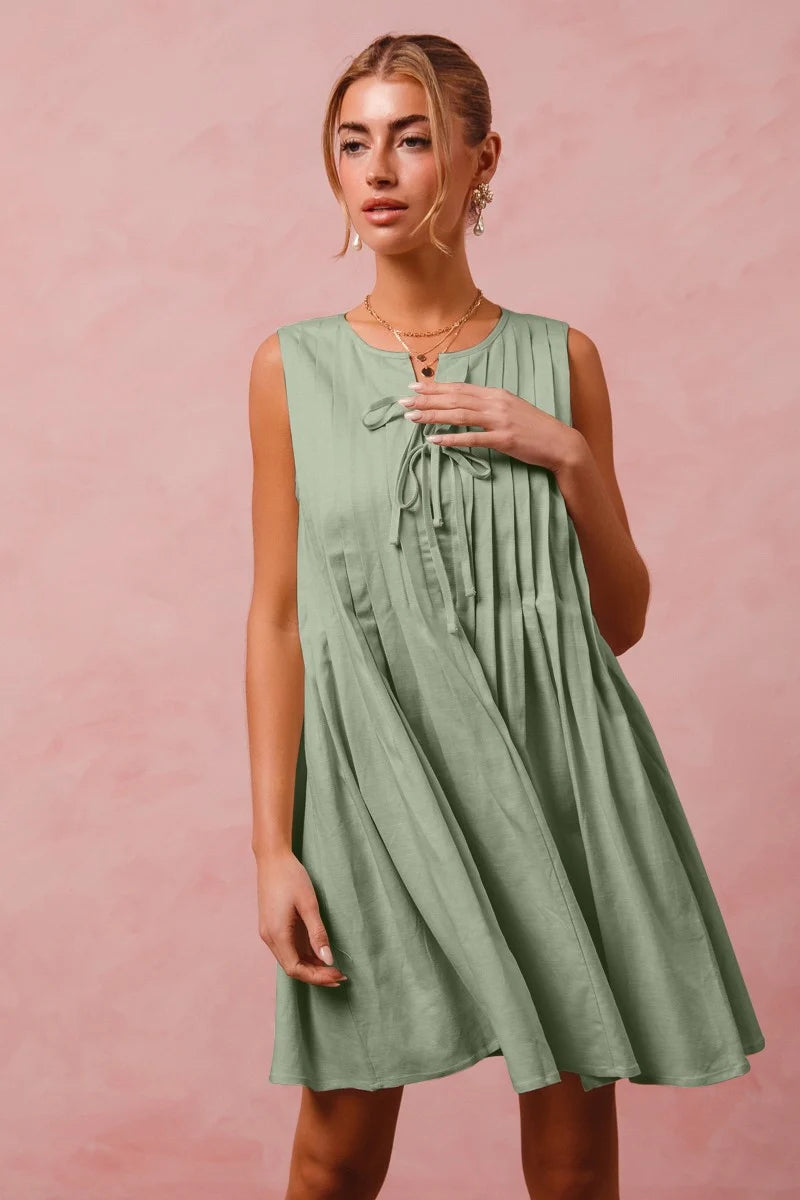 BOX PLEATED SLEEVELESS LINEN BLEND WOVEN DRESS WITH TIE STRAPS Sale price Large BOX PLEATED SLEEVELESS LINEN BLEND WOVEN DRESS WITH TIE STRAPS Sale price Large