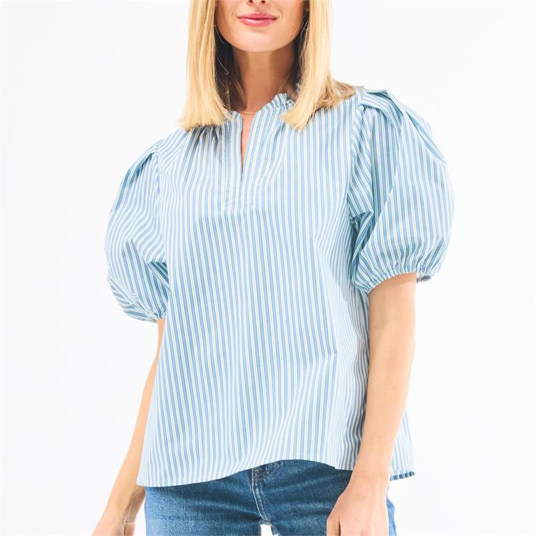 blue and white striped blouse with puff sleeves